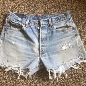 Hand distressed Levi’s button up shorts